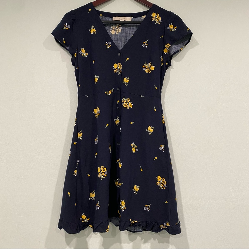 LOFT Blue A-Line Sundress with Flutter Sleeves Button Down Size 00